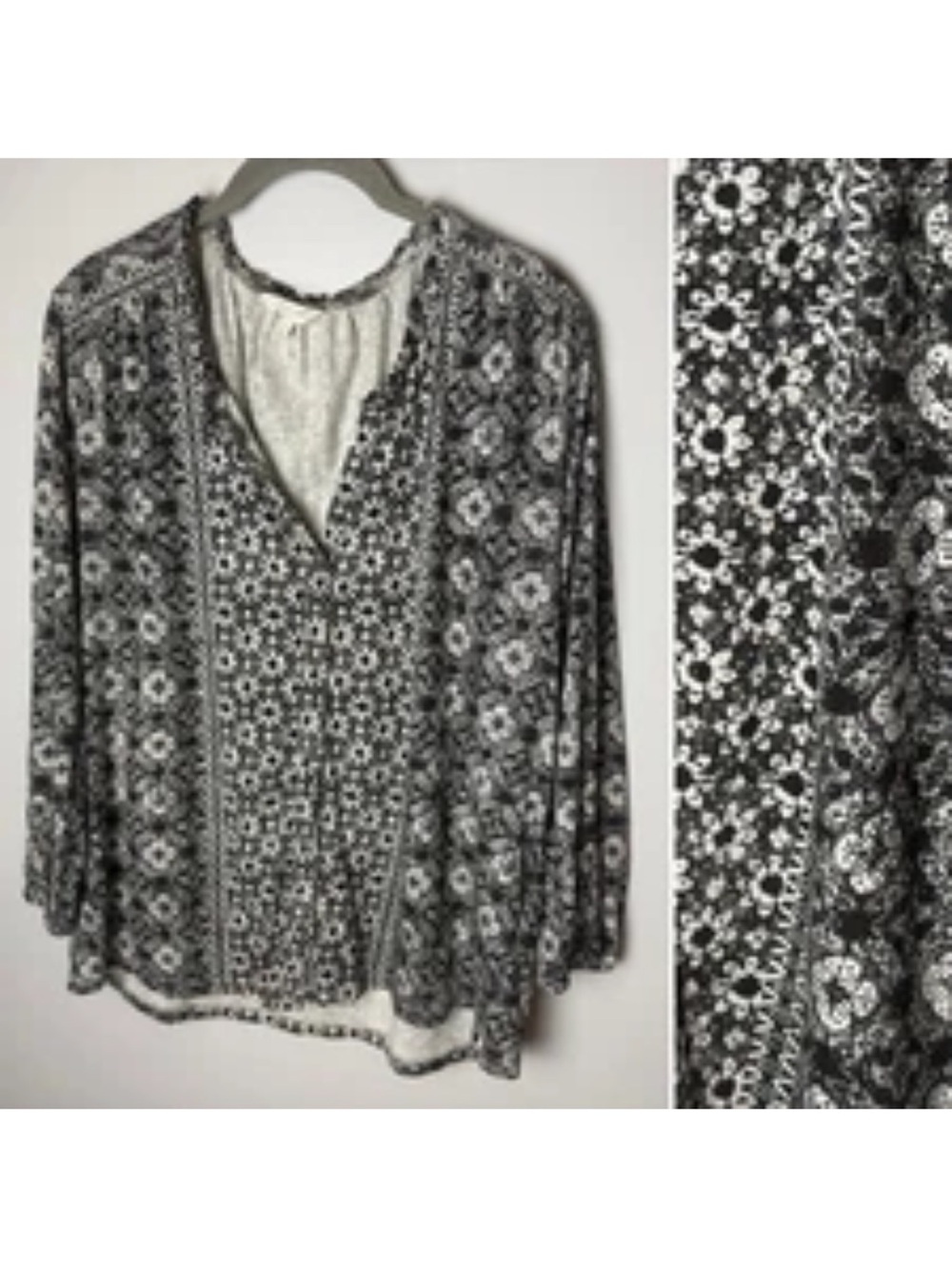 Lucky Brand Top Size Medium Black Cream Floral Mixed Print Boho 3/4 Sleeves